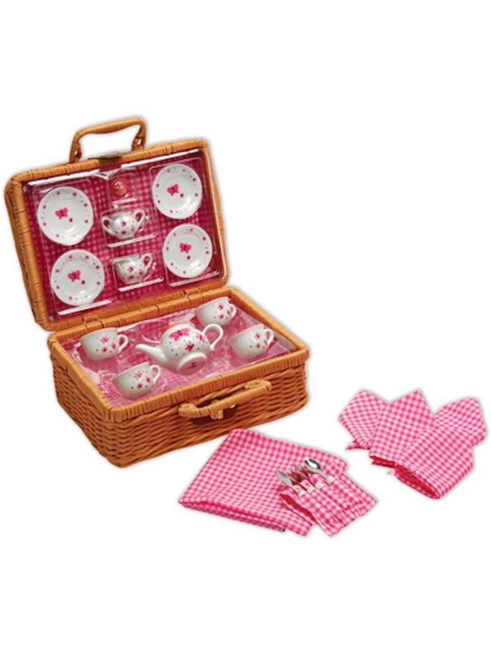 Children's Pink Gingham Picnic Tea Set with Cutlery, Plates, Cups And Linens